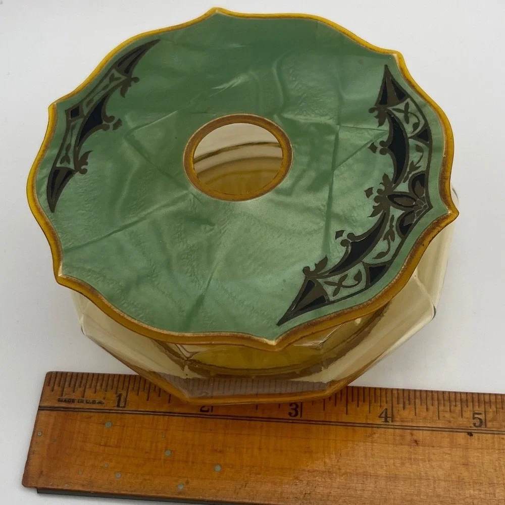 Art Deco Amber Glass Vanity Jar Set with Green Celluloid Lids